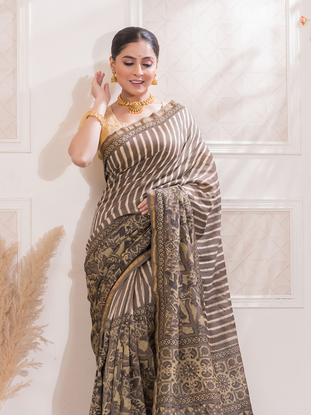 Ajrakh Exclusive Designer Modal Silk in Charcoal Black And White -053