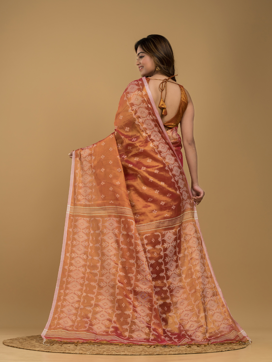 Tissue Silk Jamdani Saree Fire Orange - 041