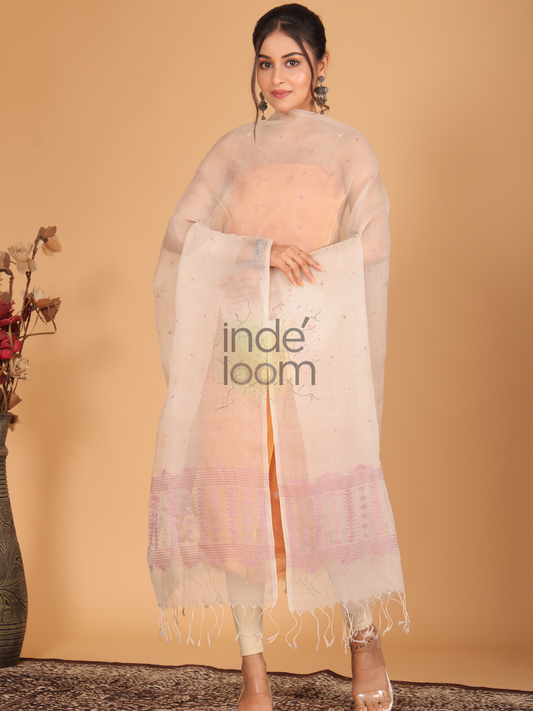 Pure Handloom Muslin Jamdani Dupatta With Baby Pink  - 002