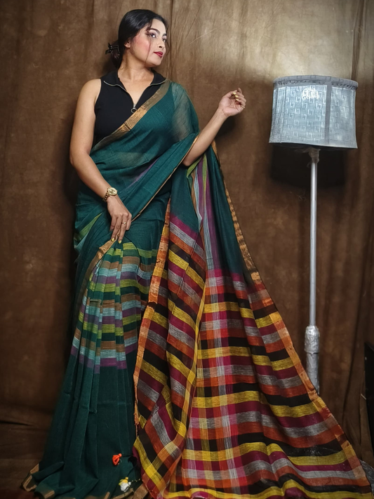 Pure Handloom Linen Saree | Deep Teal