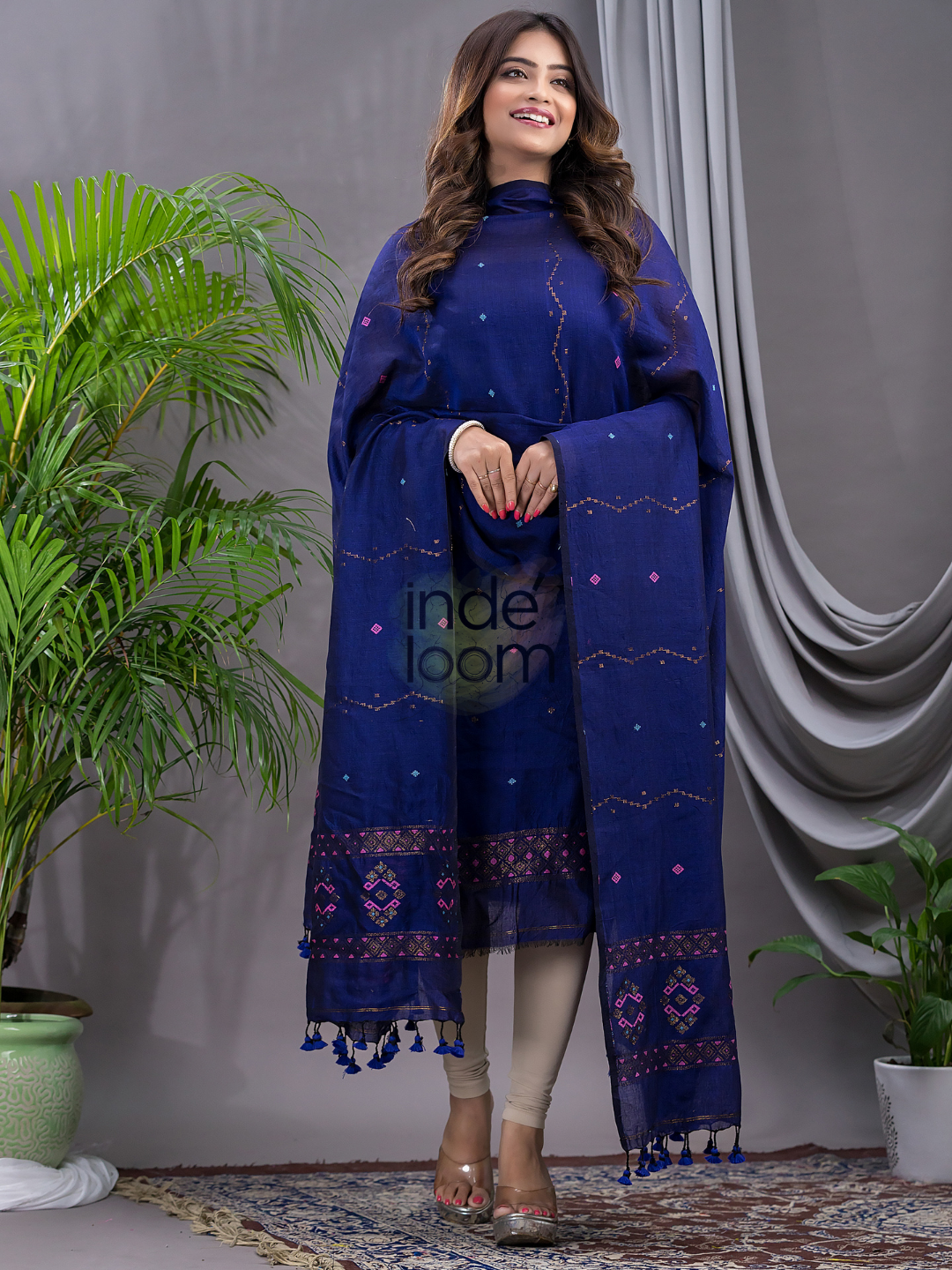 Berry Blue 120 Count Cotton Jamdani 2-Piece Set Kurti & Dupatta (UNSTITCHED) - 101