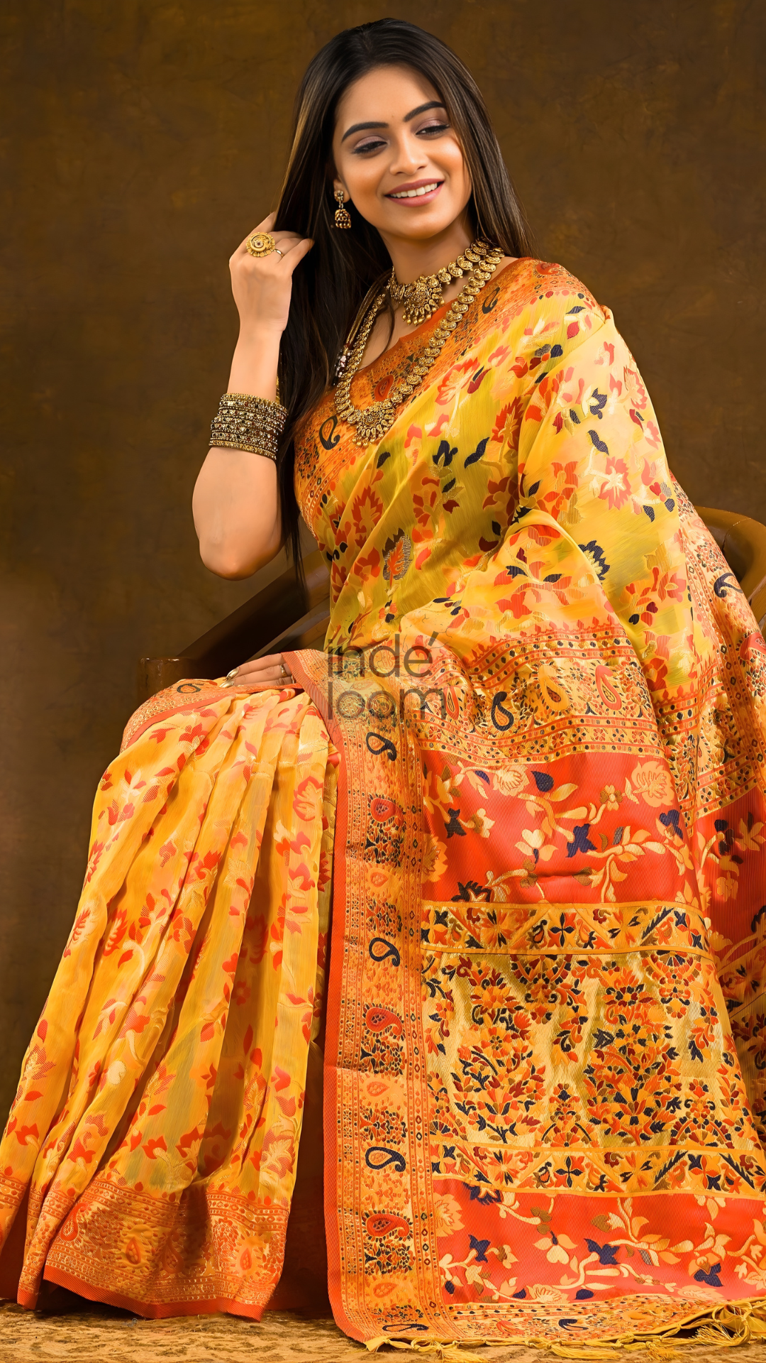 Floral woven design Silk blend Saree | Mustard Yellow