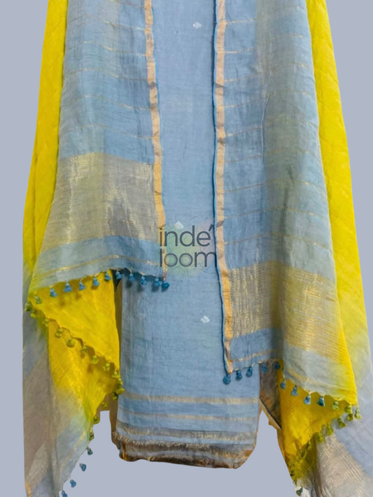 Pigeon Blue Handloom Linen X Linen 2-Piece Set Kurti & Dupatta (UNSTITCHED) - 862