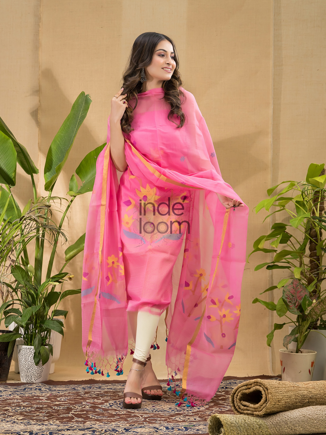 Punch Pink Jamdani 2-Piece Set Kurti & Dupatta (UNSTITCHED) -693