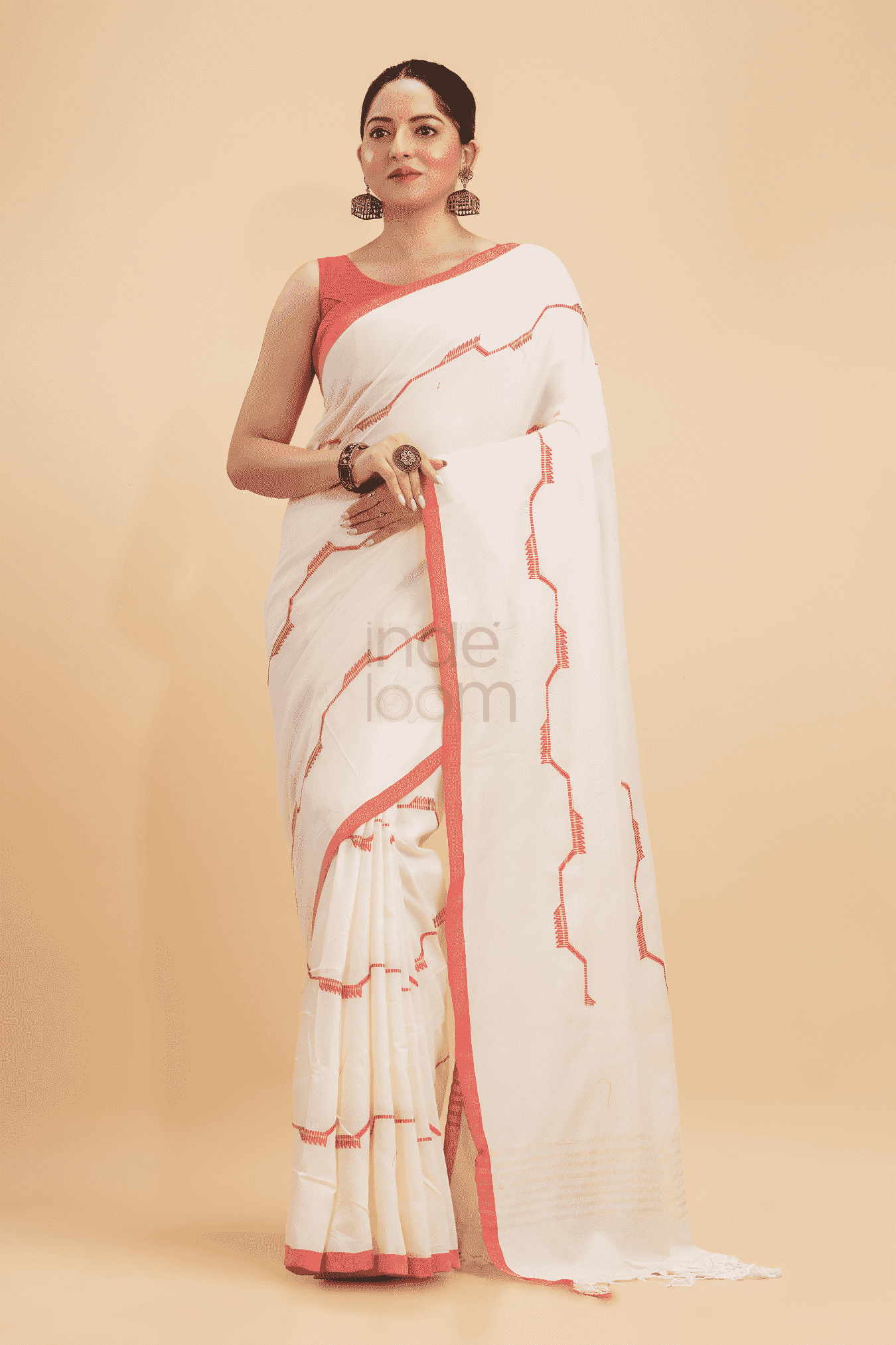 Durga Puja Saree Handloom Cotton in Red White- 001 - indeloom