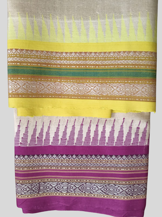Yellow & Grape Purple Handloom Vidarbha Tussar Silk Saree with Multicolor Contrast Border -005