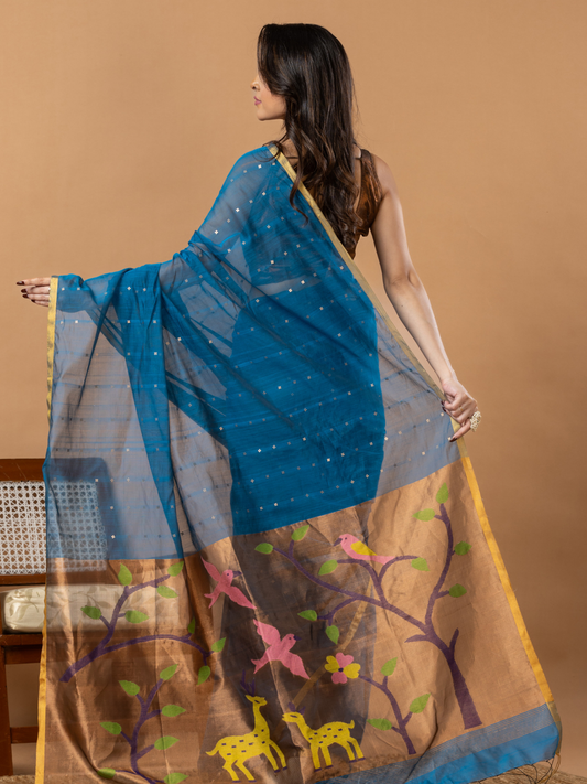 Handwoven Jamdani Muslin Saree | Teal Blue