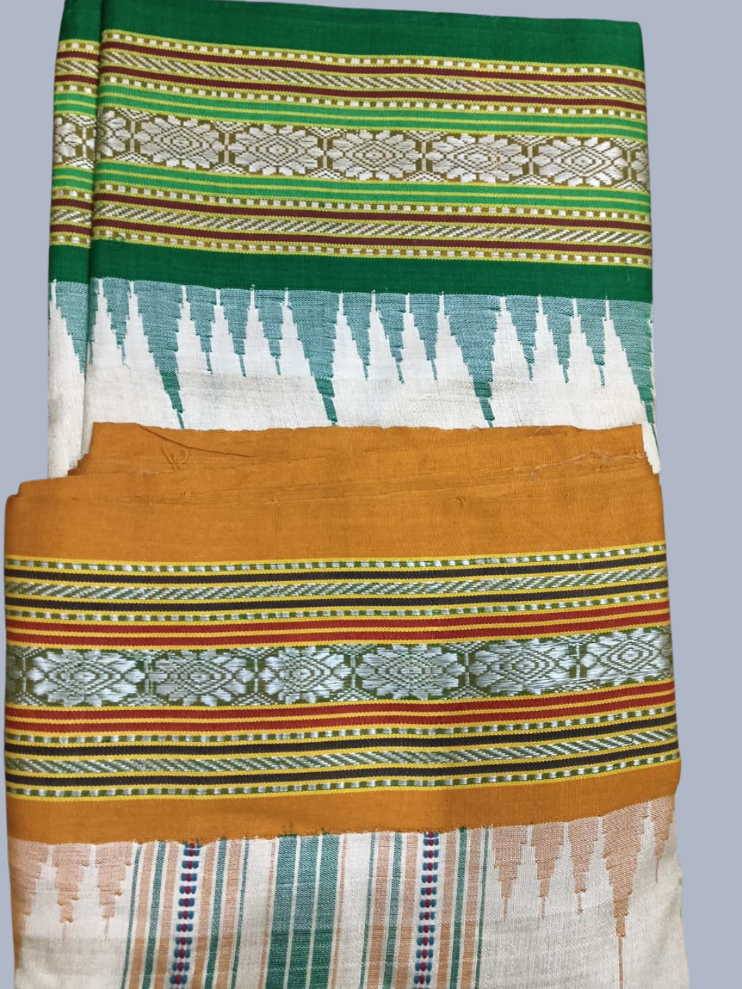 Green and Yellow Handloom Vidarbha Tussar Silk Saree with Multicolor Contrast Border -110