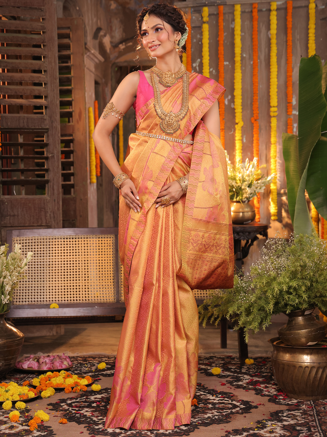 Kanaka Varnika - Golden yellow drape with rudraksha motifs