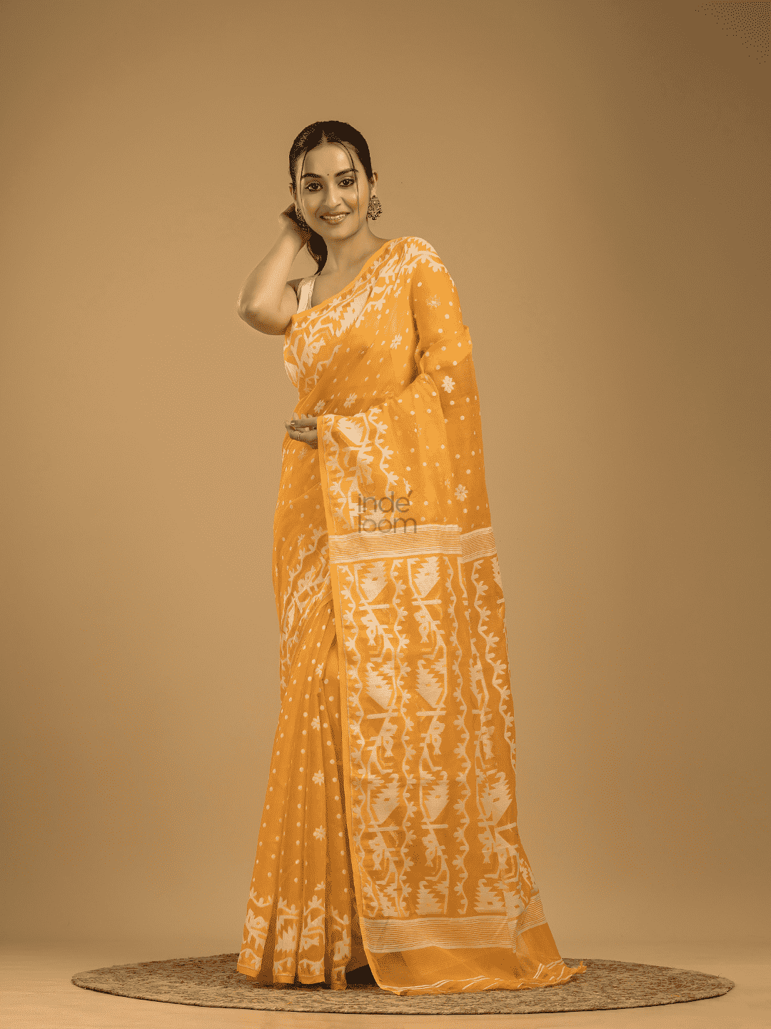 Amber Orange Cotton Silk Jamdani Saree - 001 - indeloom