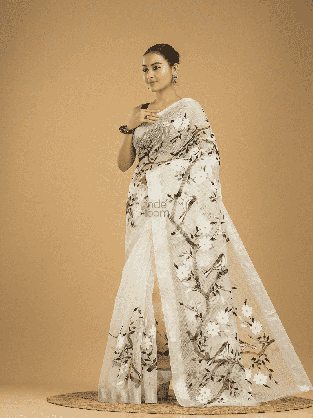Kota Doria Handpainted Saree With Pearl White - 007 - indeloom