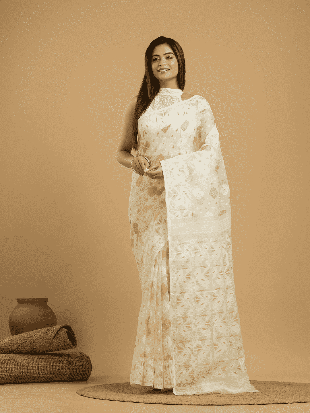 Lace White Cotton Silk Jamdani Saree - 031 - indeloom