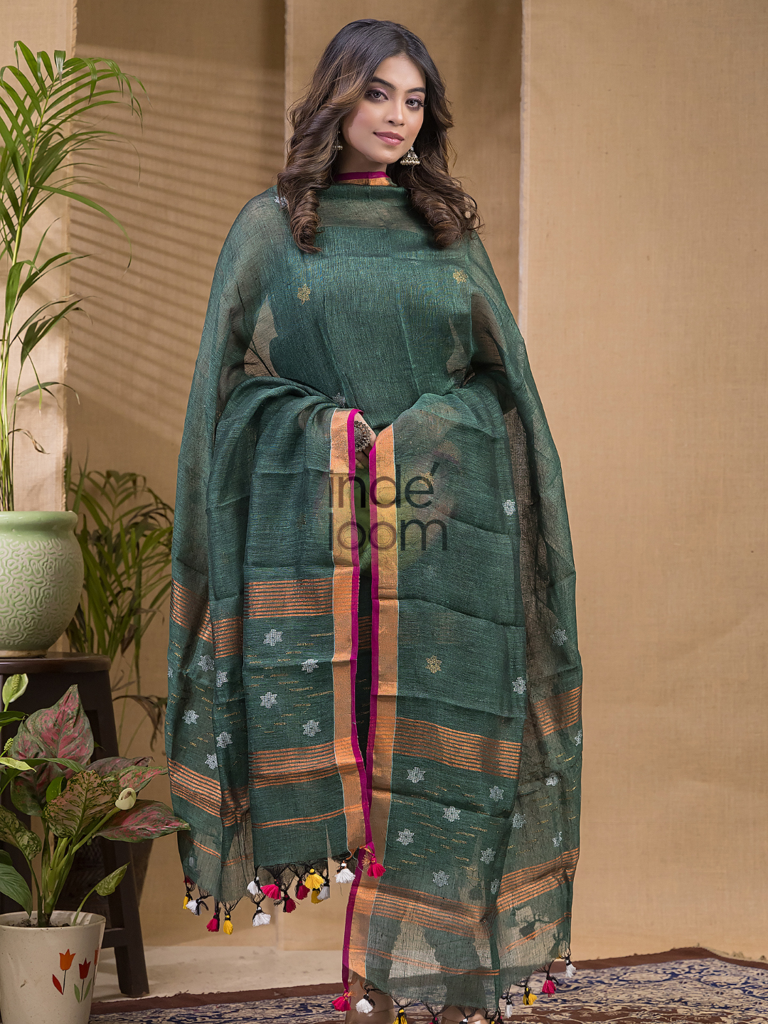 Pine Green Pure Linen Suit 2-Piece Set Kurti & Dupatta (UNSTITCHED) -0631