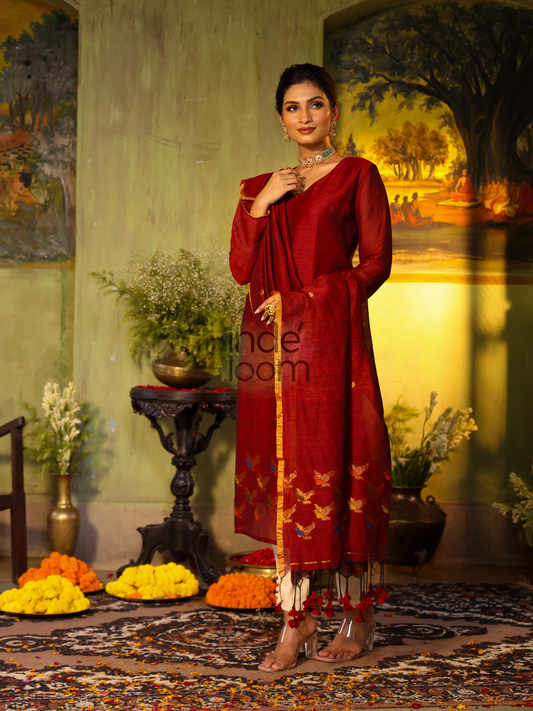Wine Red Cotton Linen 2-Piece Set Kurti & Dupatta (UNSTITCHED) - 313
