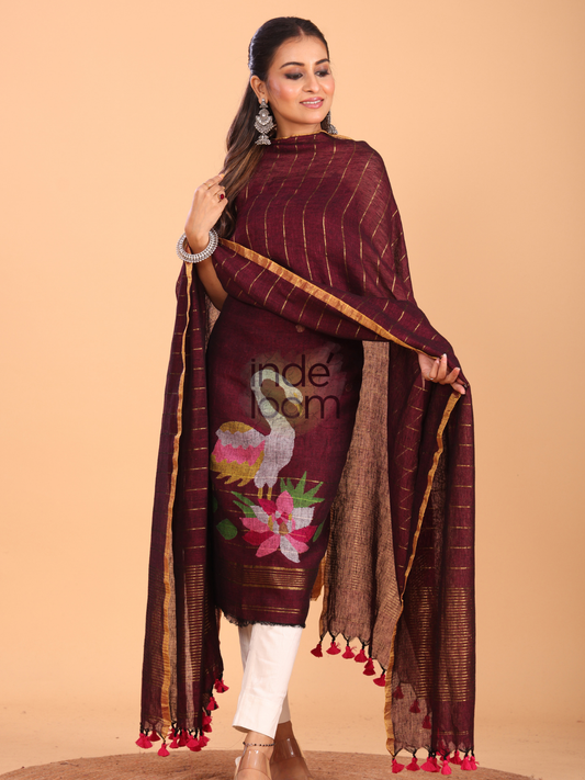 Wine Red Linen Jamdani 2-Piece Set Kurti & Dupatta (UNSTITCHED) - 075