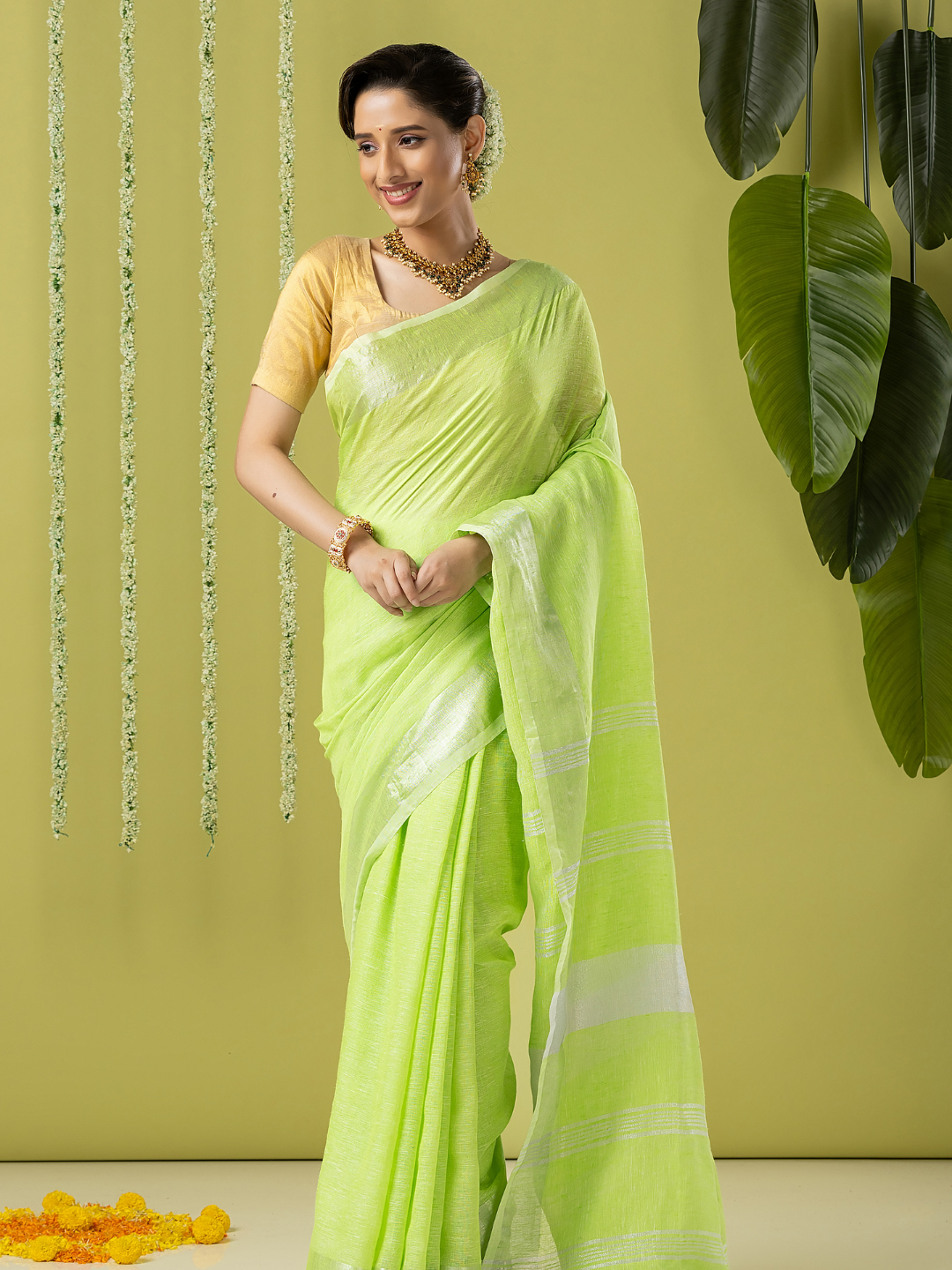 Pure Handloom Linen Saree | Lime Green