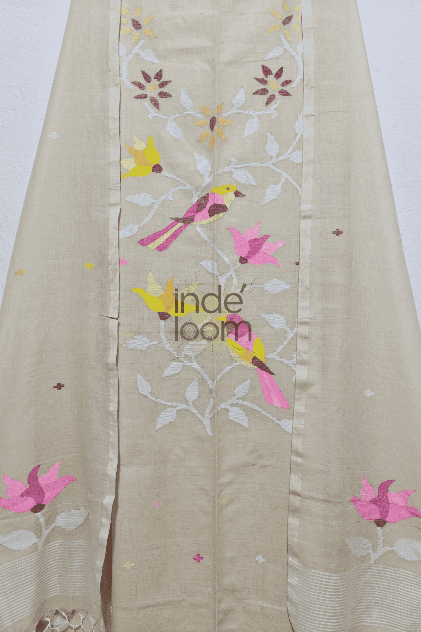 Cotton Jamdani 2-Piece Set Kurti & Dupatta in Floral White (UNSTITCHED) - 079 - indeloom