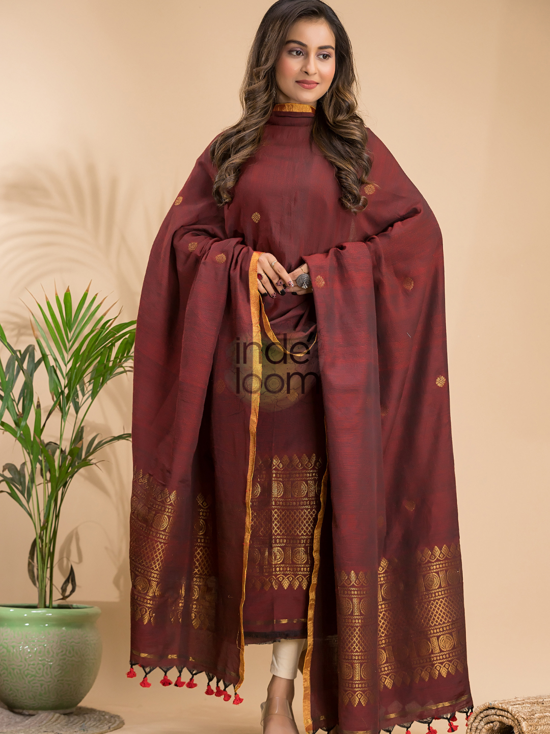 Umber Brown Organic Linen 2-Piece Set Kurti & Dupatta (UNSTITCHED) - 012