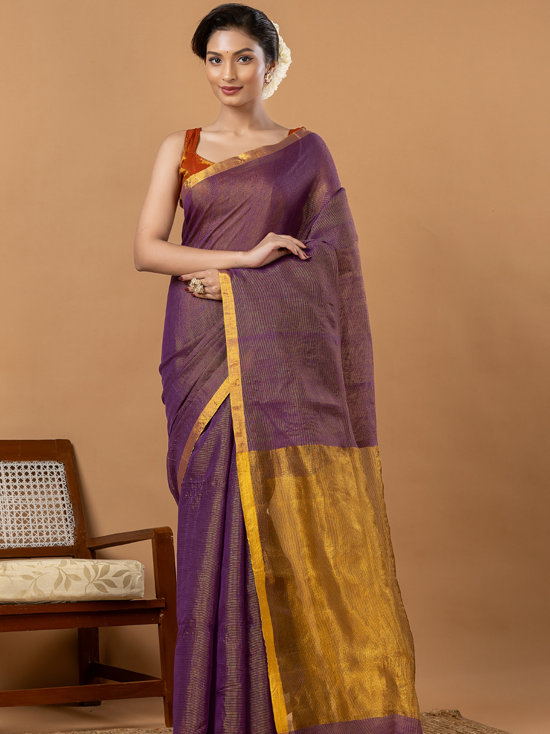 Pure Handloom Silk Tissue Linen Saree | Mauve Purple
