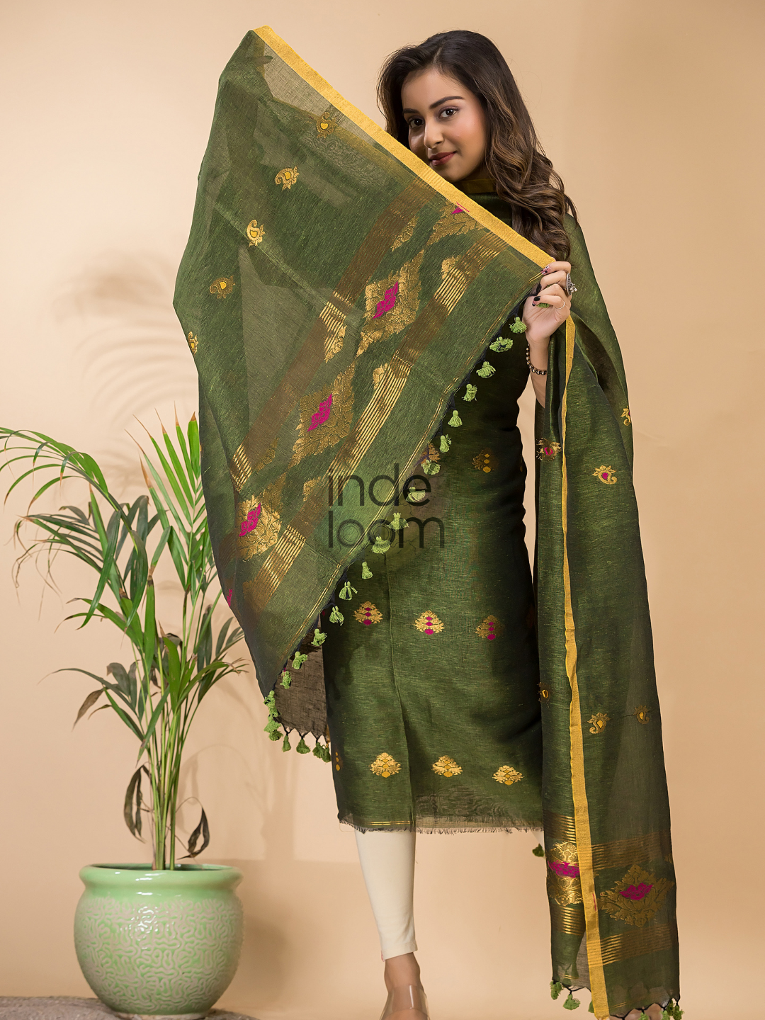 Dark Green Tissue Linen 2-Piece Set Kurti & Dupatta (UNSTITCHED) - 123