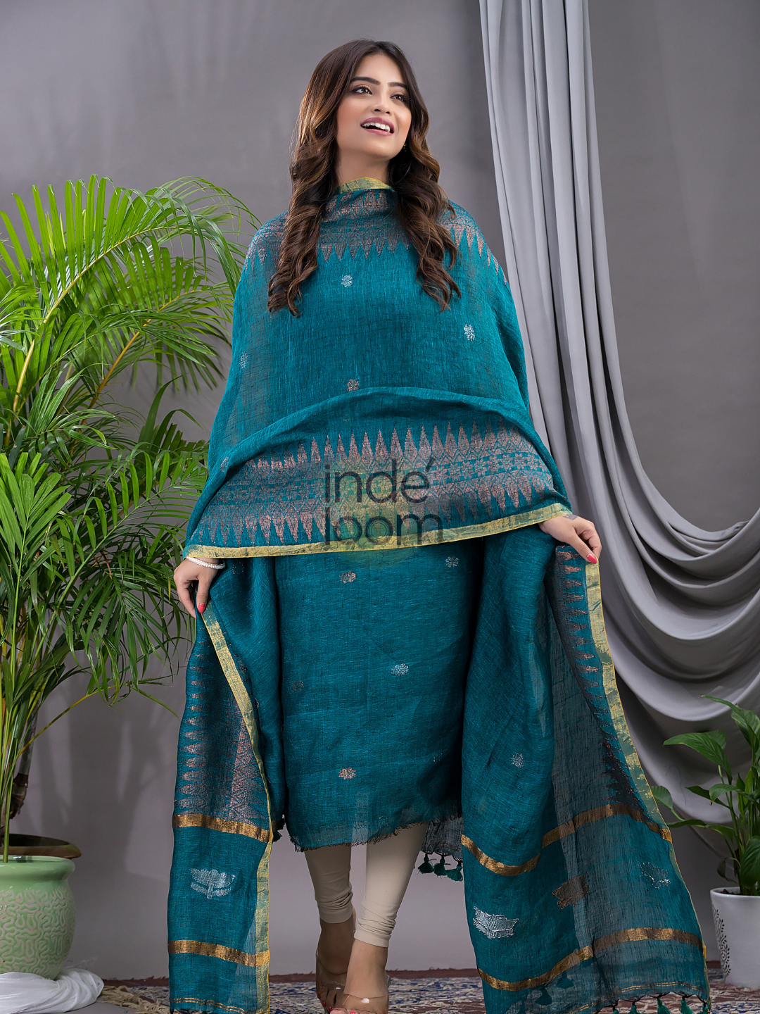 Teal Blue Linen X Linen 2-Piece Set Kurti & Dupatta (UNSTITCHED) - 111