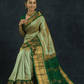 Pure handloom Korvai Silk Cotton Saree in Jade Green and Golden Border - 074