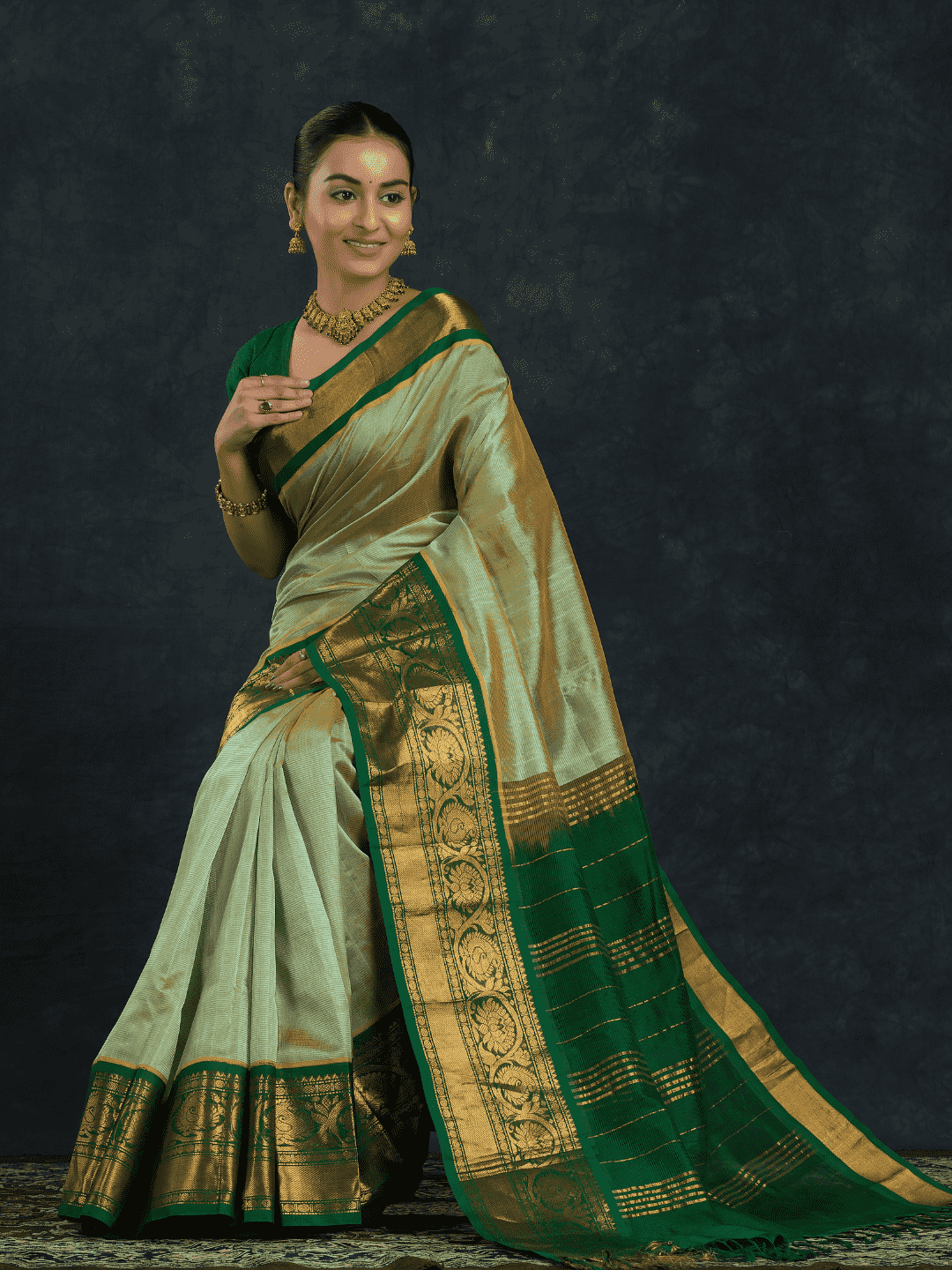 Pure handloom Korvai Silk Cotton Saree in Jade Green and Golden Border - 074