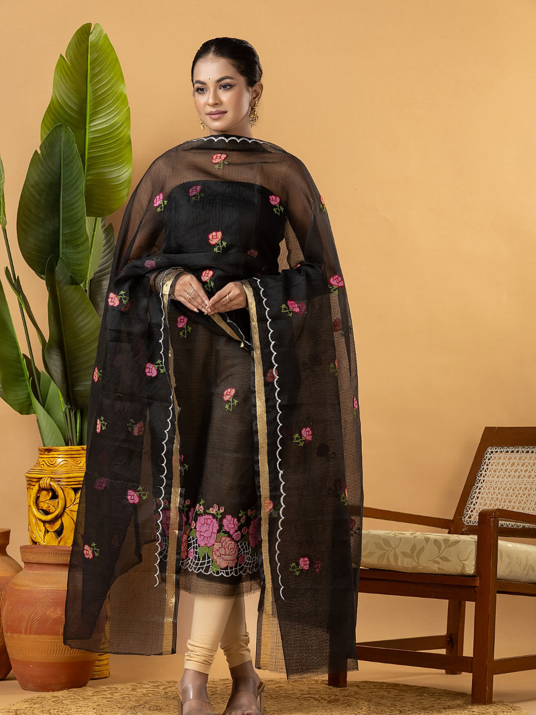 Classic Kota Doria Cotton Unstitched 2-Piece Kurti | Black