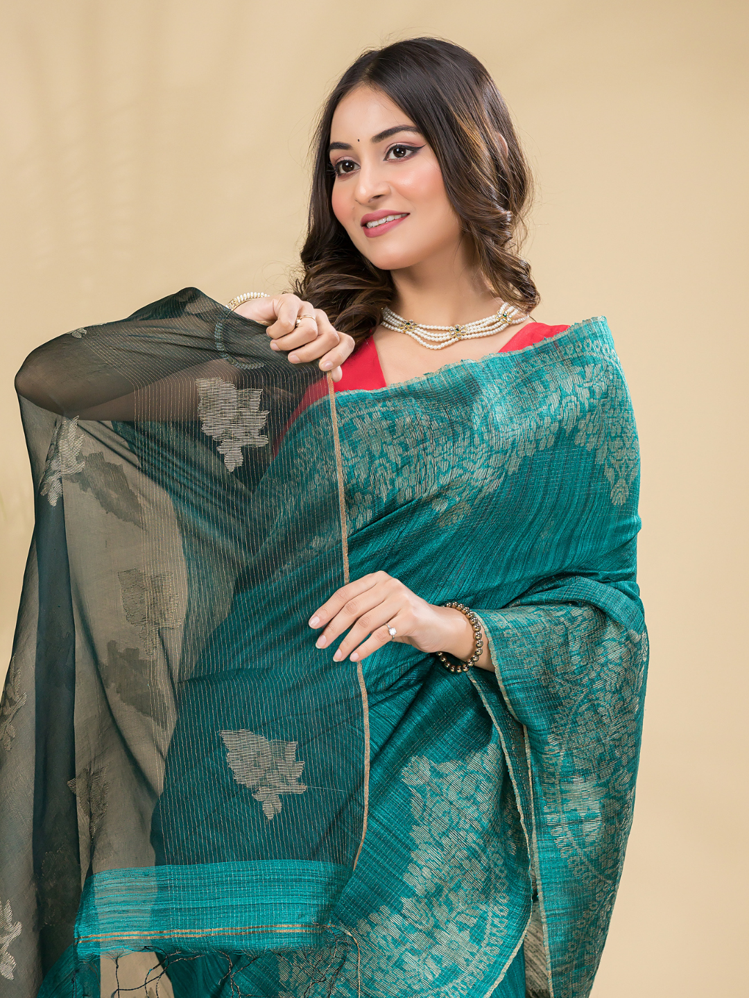 Matka Silk Jamdani Saree With Teal Green - 024