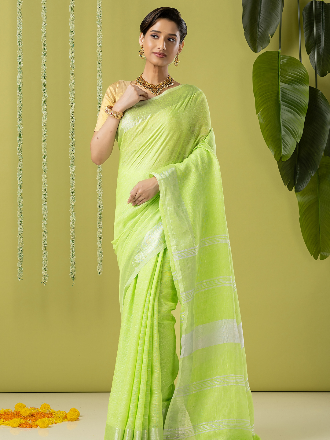 Pure Handloom Linen Saree | Lime Green