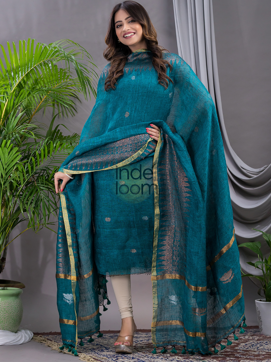 Teal Blue Linen X Linen 2-Piece Set Kurti & Dupatta (UNSTITCHED) - 111