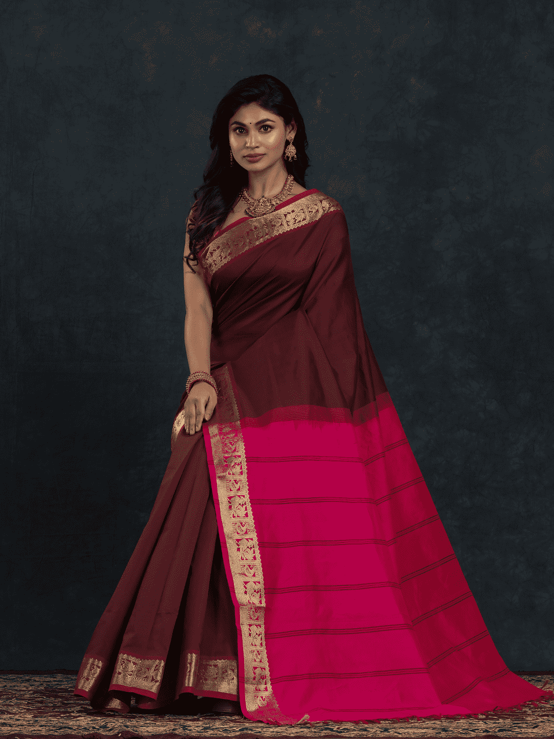 Pure Handloom Korvai Saree | Classic Korvai | Red and Brown