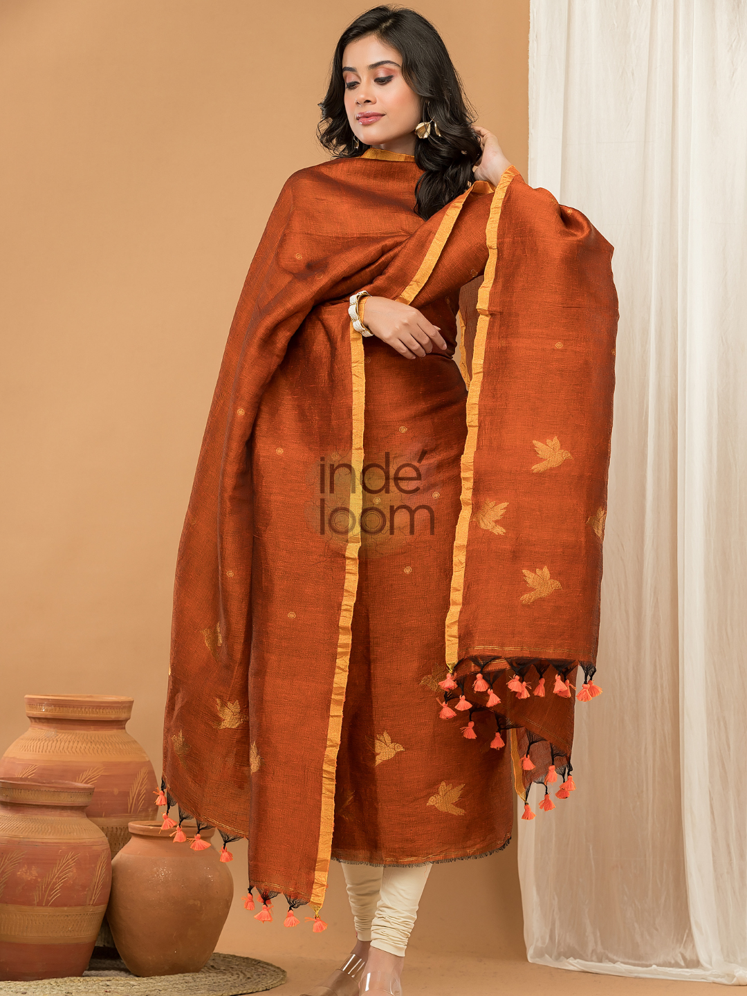 Tenne Orange color Jamdani 2-Piece Set Kurti & Dupatta (UNSTITCHED) - 148