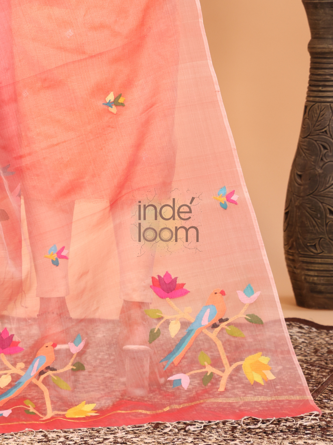 Pure Handloom Muslin Jamdani Dupatta With Peach Pink - 017