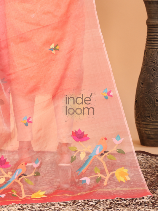 Pure Handloom Muslin Jamdani Dupatta With Peach Pink - 017