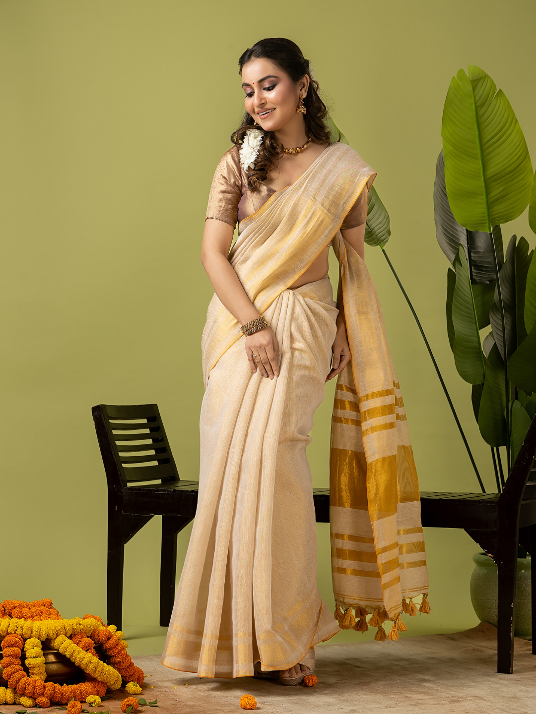 Pure Handloom Linen Saree | Pastel Yellow  and Yelllow  | Half and Half style with Contrast Border