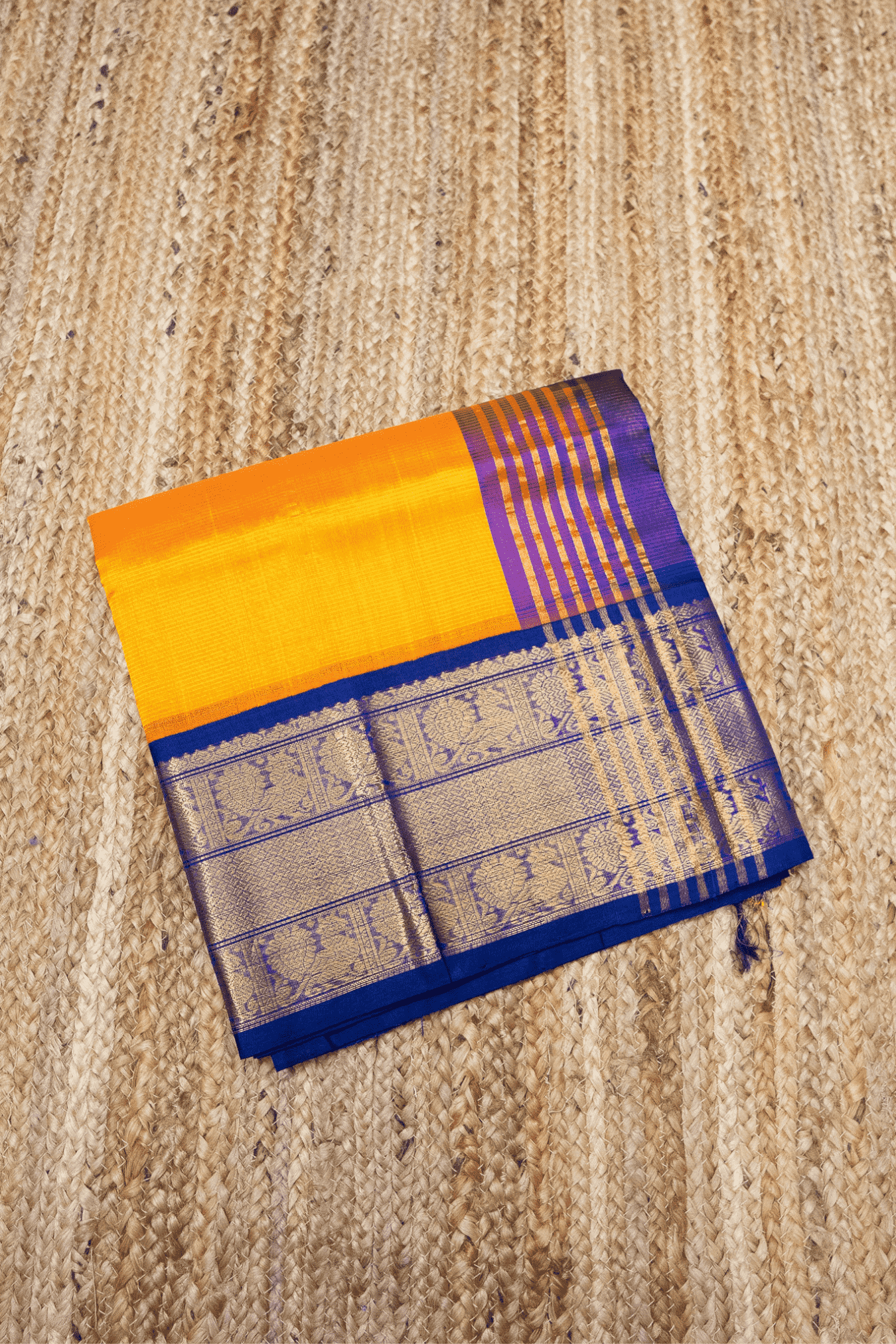 Pure handloom Korvai Saree in Golden Yellow and Golden Purple Border - 050