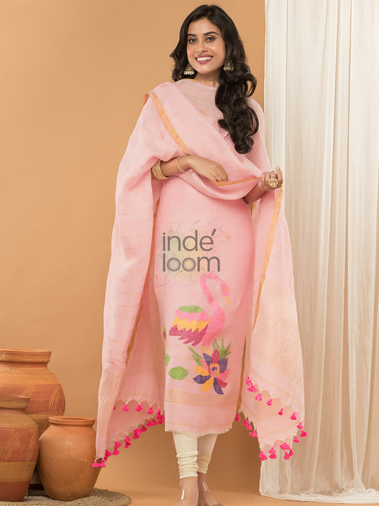 Handwoven Jamdani Linen Unstitched 2-piece Kurti  |  Baby Pink
