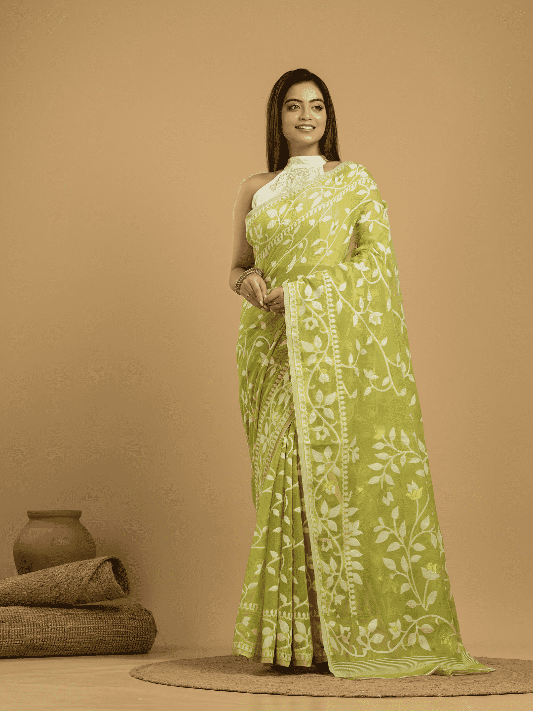 Light Green Cotton Silk Jamdani Saree - 032 - indeloom