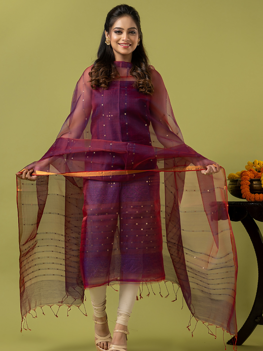 Handwoven Jamdani Muslin Unstitched 2-piece Kurti | Deep Plum
