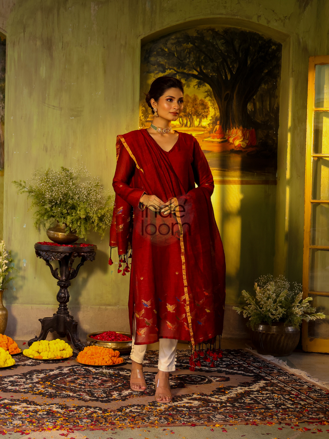 Wine Red Cotton Linen 2-Piece Set Kurti & Dupatta (UNSTITCHED) - 313