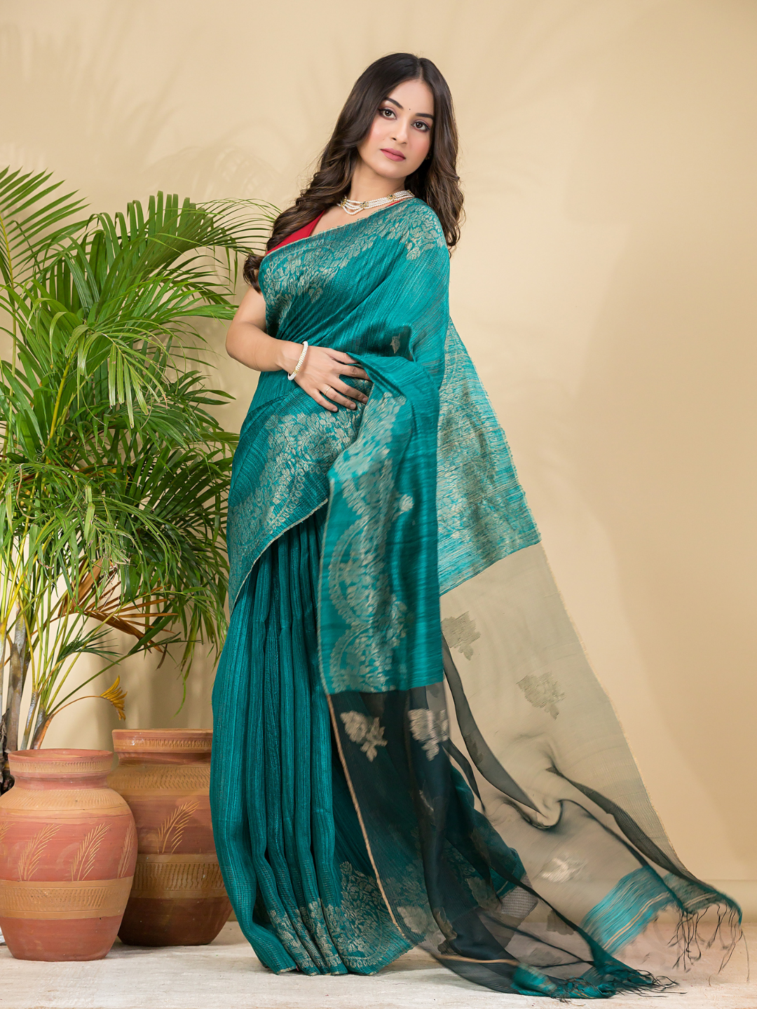 Matka Silk Jamdani Saree With Teal Green - 024