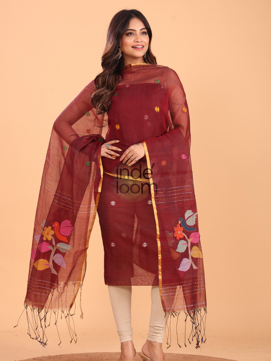Rum Red Muslin Jamdani 2-Piece Set Kurti & Dupatta (UNSTITCHED) - 086