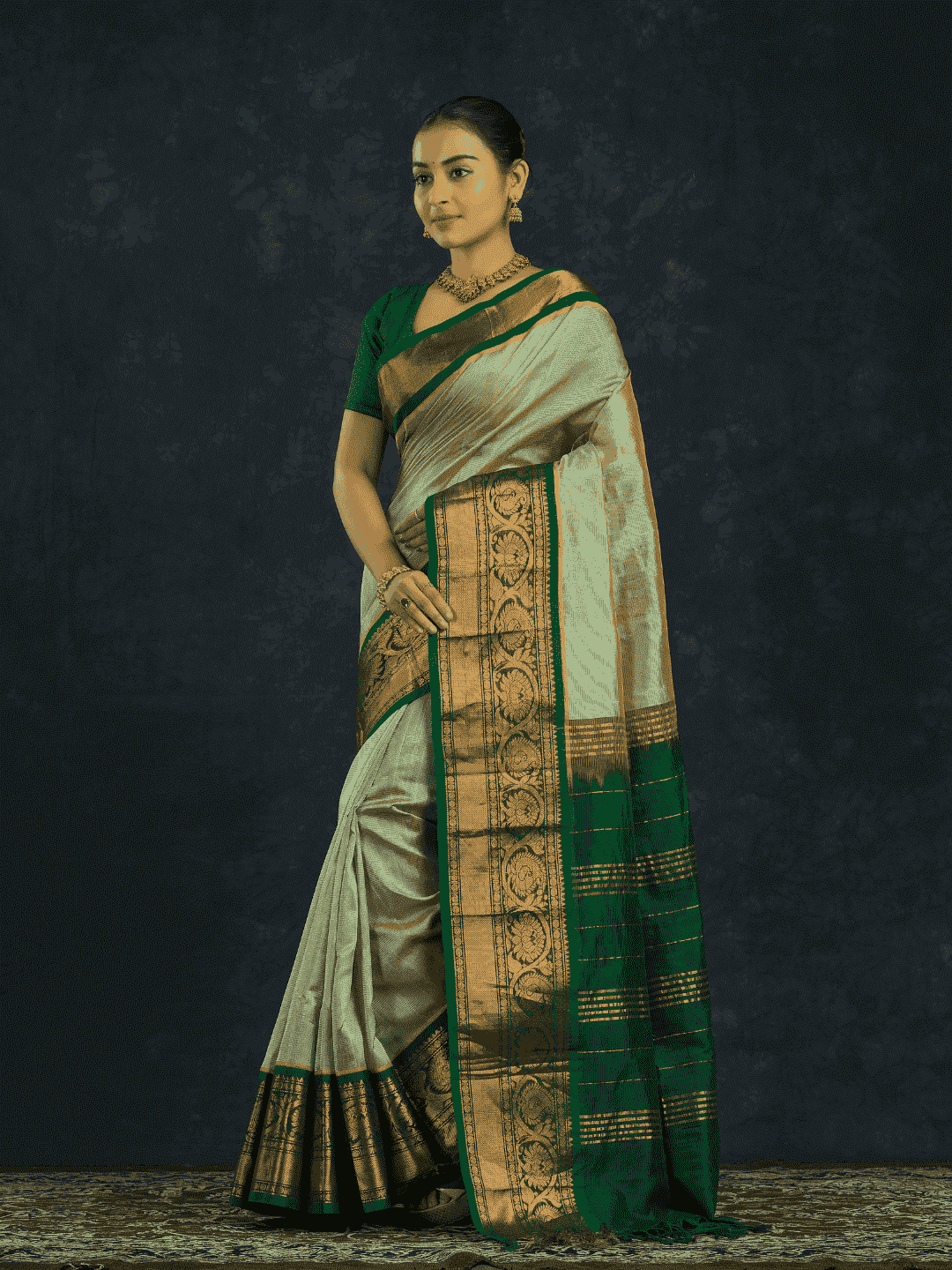 Pure handloom Korvai Silk Cotton Saree in Jade Green and Golden Border - 074