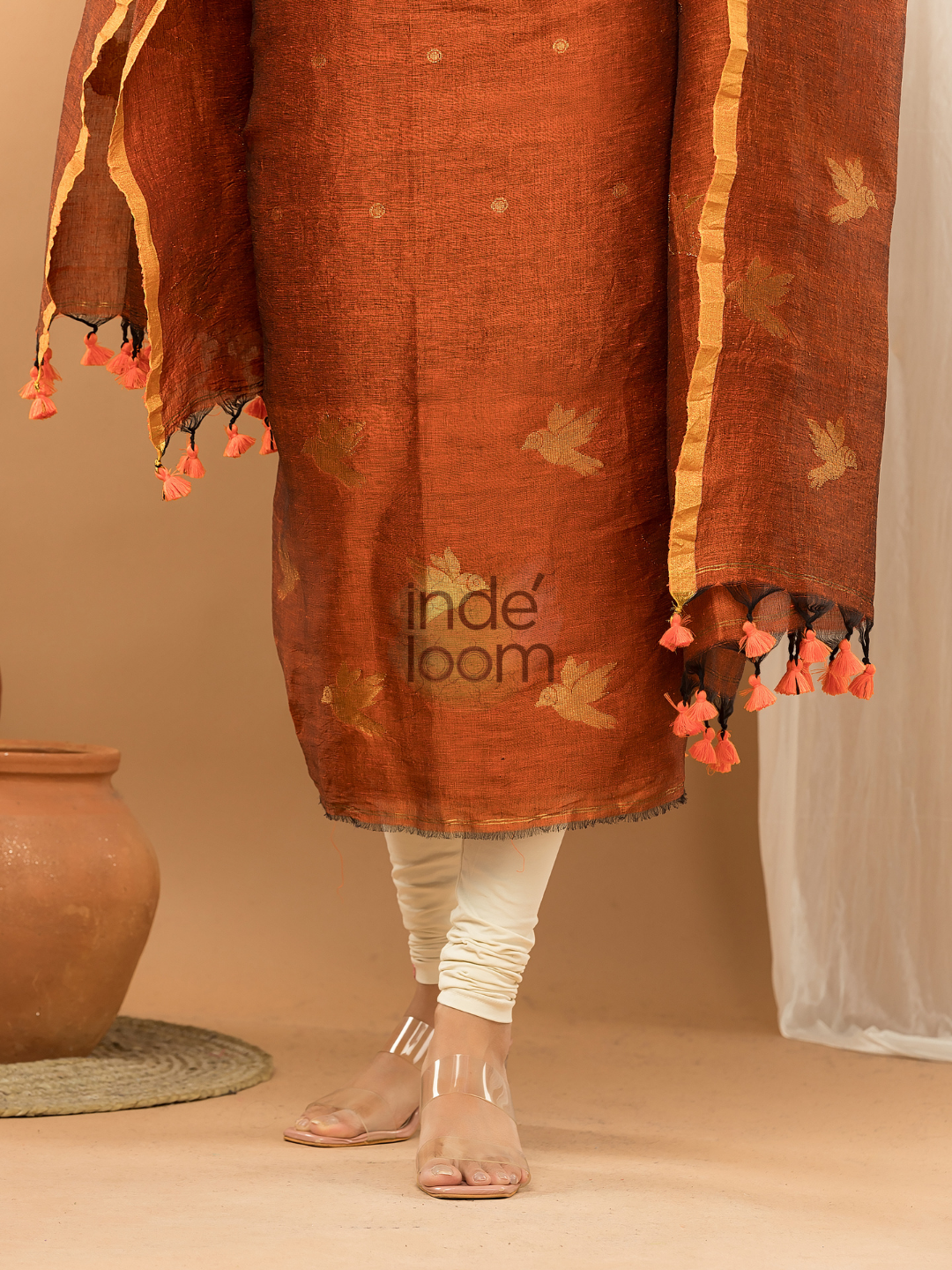 Tenne Orange color Jamdani 2-Piece Set Kurti & Dupatta (UNSTITCHED) - 148