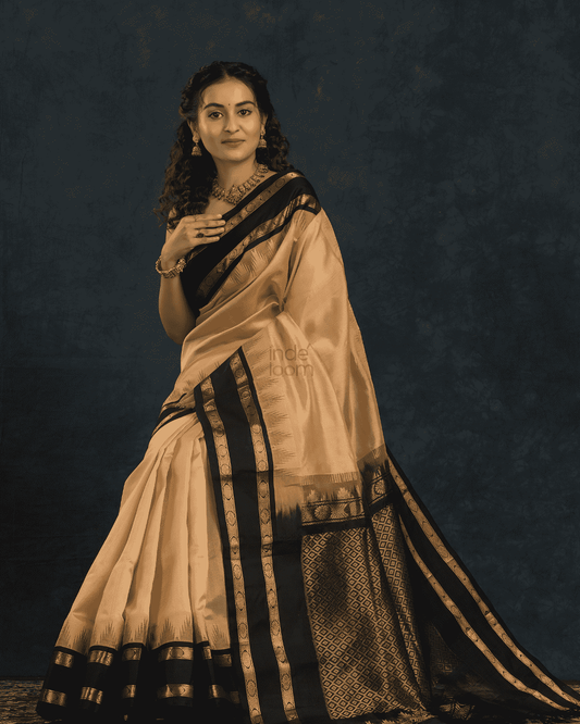 Pure handloom Korvai Silk Cotton Saree in Beige and Coal Black Pallu - 013