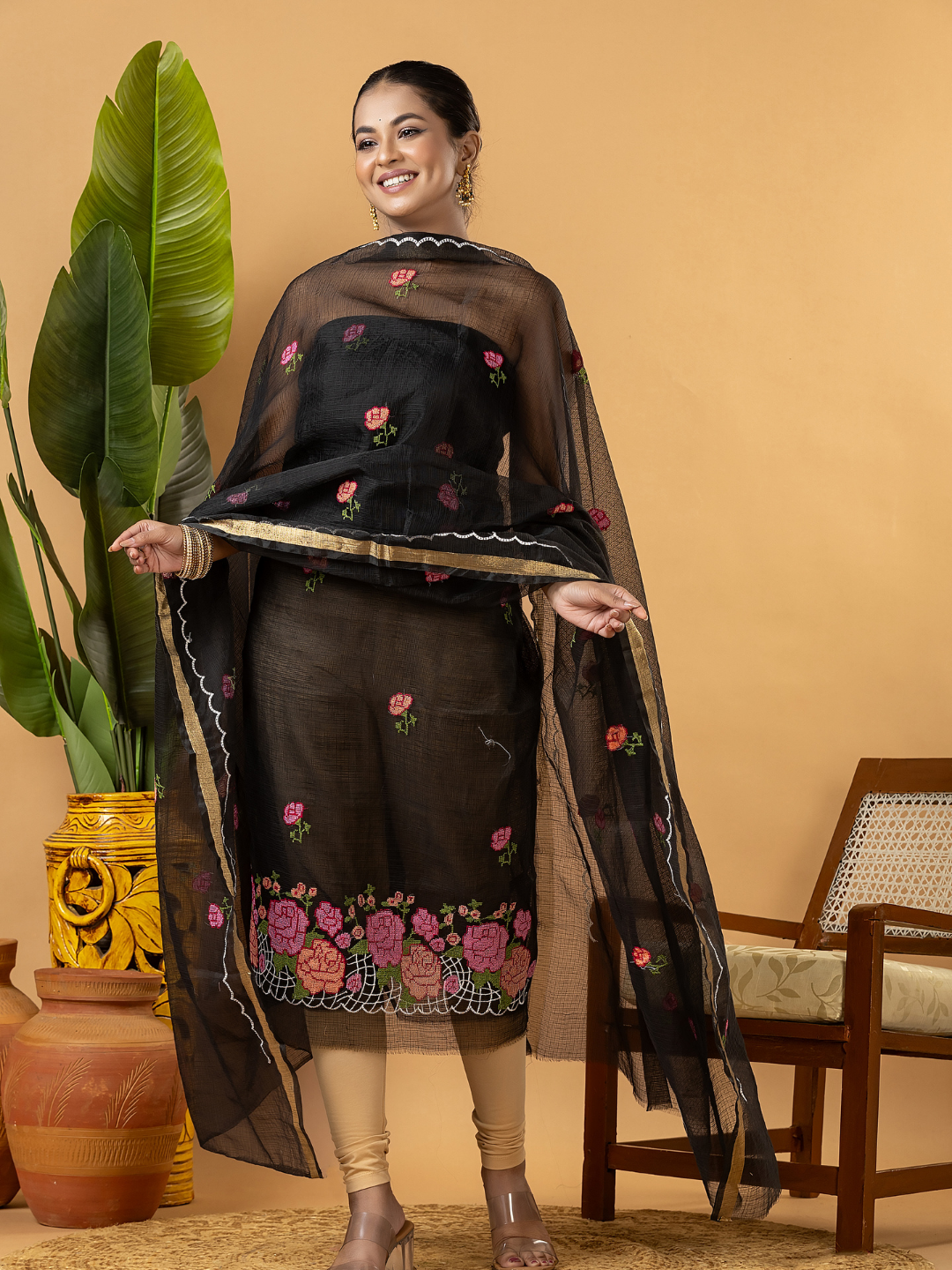 Classic Kota Doria Cotton Unstitched 2-Piece Kurti | Black