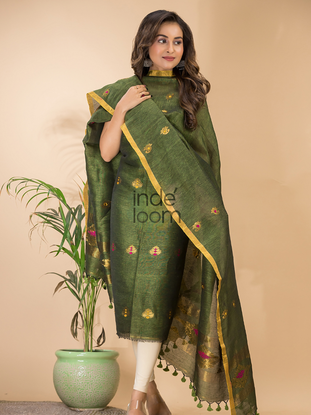 Dark Green Tissue Linen 2-Piece Set Kurti & Dupatta (UNSTITCHED) - 123