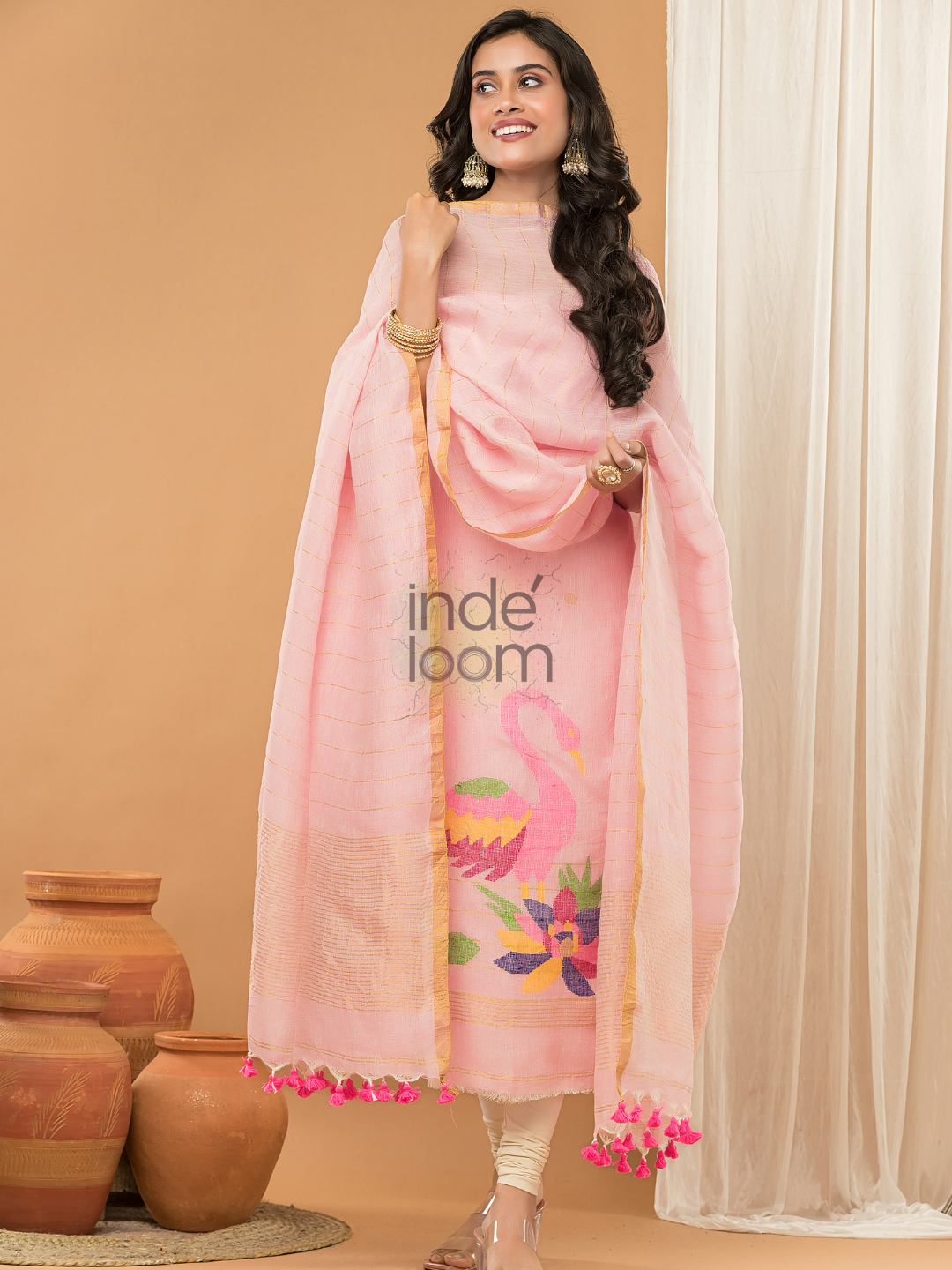 Linen Jamdani Unstitched 2-Piece Kurti  |  Rani Pink