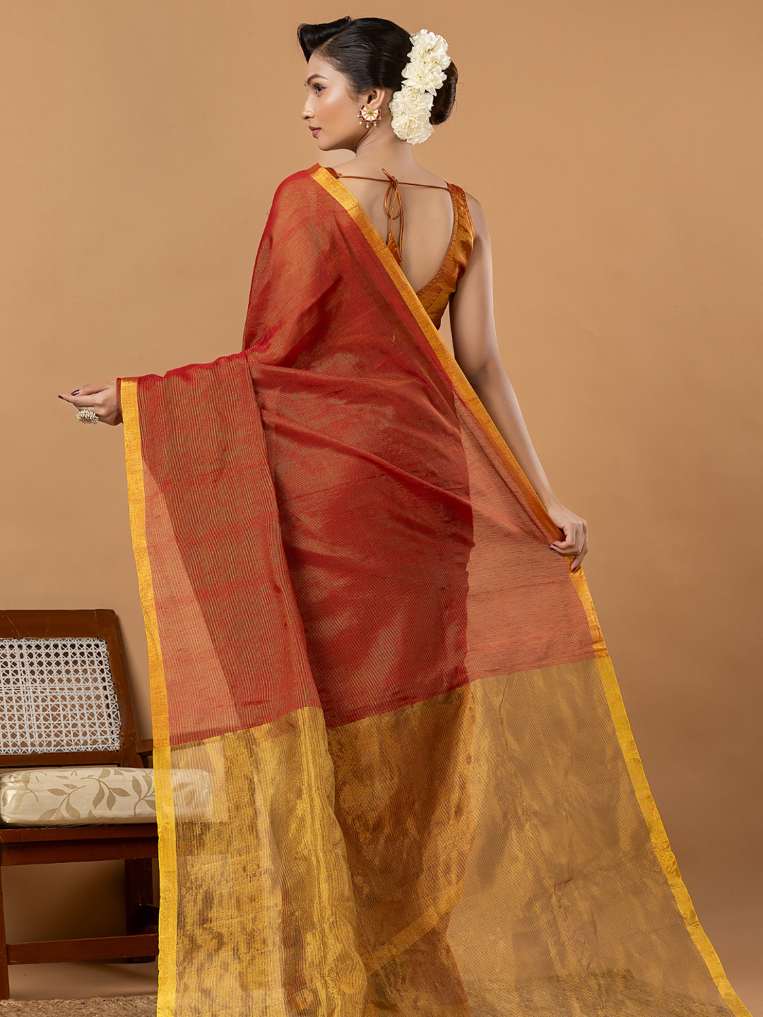 Pure Handloom Silk Tissue Linen Saree | Rust Orange